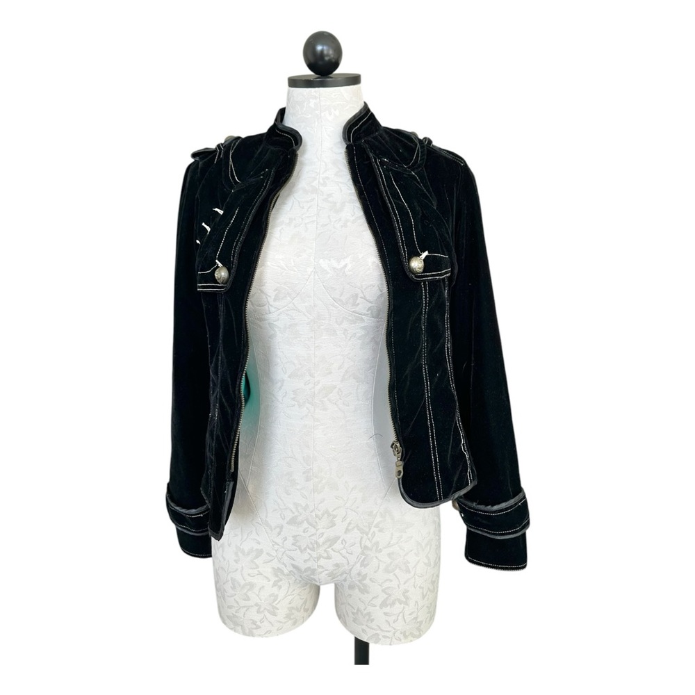 Aziz Black Velvet Military Style Jacket Zip Front Epaulets Bronze Buttons Small - Picture 7 of 14